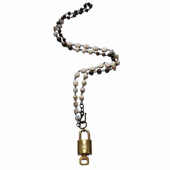 Louis Vuitton Gold Padlock & Key Neutral Beaded Statement Necklace - Picture 5 of 7